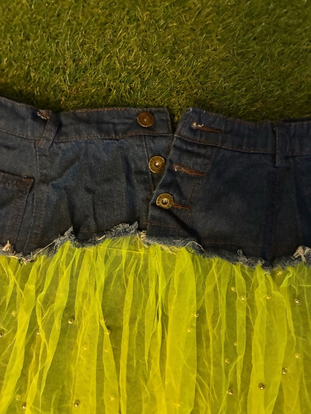 Denim-Waist Neon Green Tulle Maxi Skirt - Picture 3 of 5